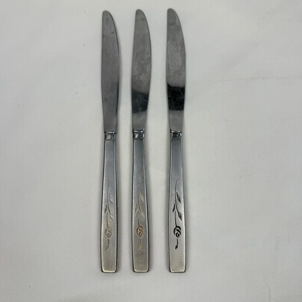 Vintage Stainless Steel Rose Floral Dinner Knives Set of 3 Silverware Flatware